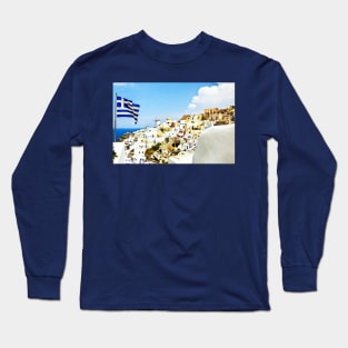 Oia Santorini Greek Island Flag Long Sleeve T-Shirt